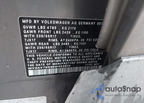 2009 Volkswagen Tiguan S from USA, damaged, VIN WVGAV75N39W003838